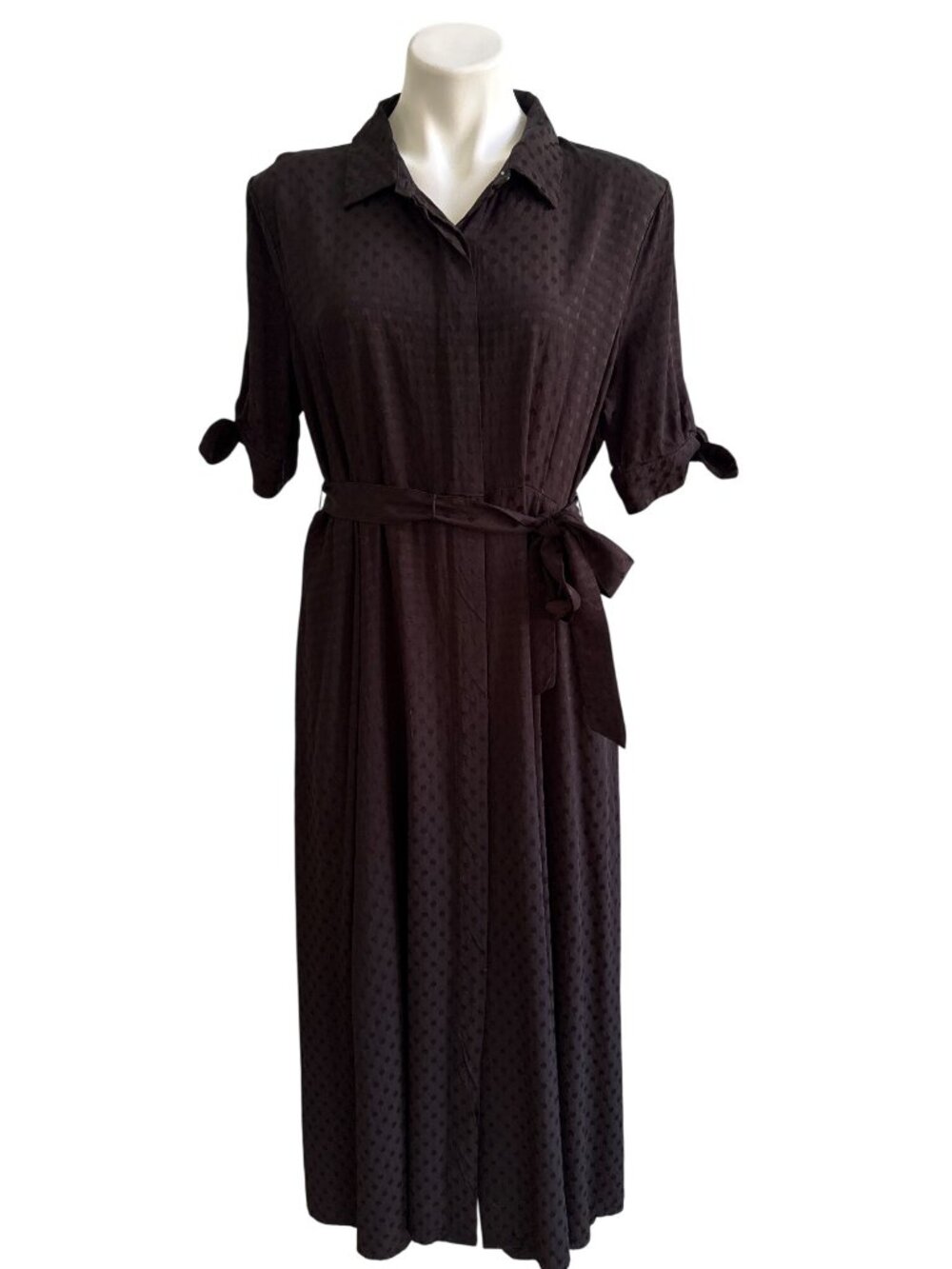 Calvin Klein Women's Black Polka Dot Maxi Shirt Dress W/ Tie Belt Size 12 - Picture 2 of 10